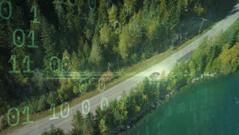 car driving on forest road with digital binary code overlay animation