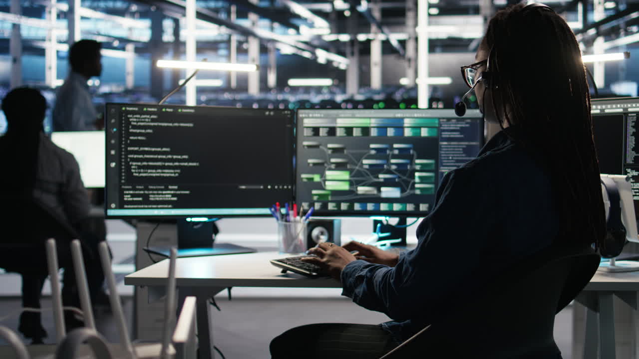 Data center employee uses audio headset to troubleshoot client reported issues