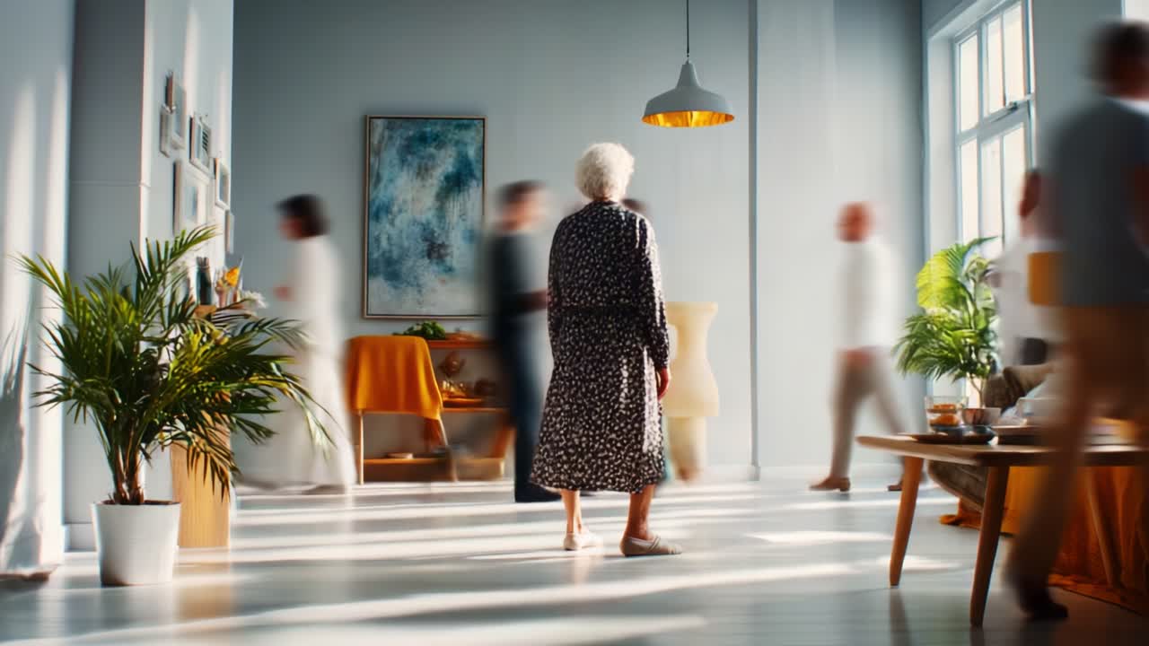 A Community Gathering in a Cozy Living Space: An Elderly Woman Stands Observing Busy Interactions Around Her as Friends and Family Connect Amidst a Bright and Welcoming Environment