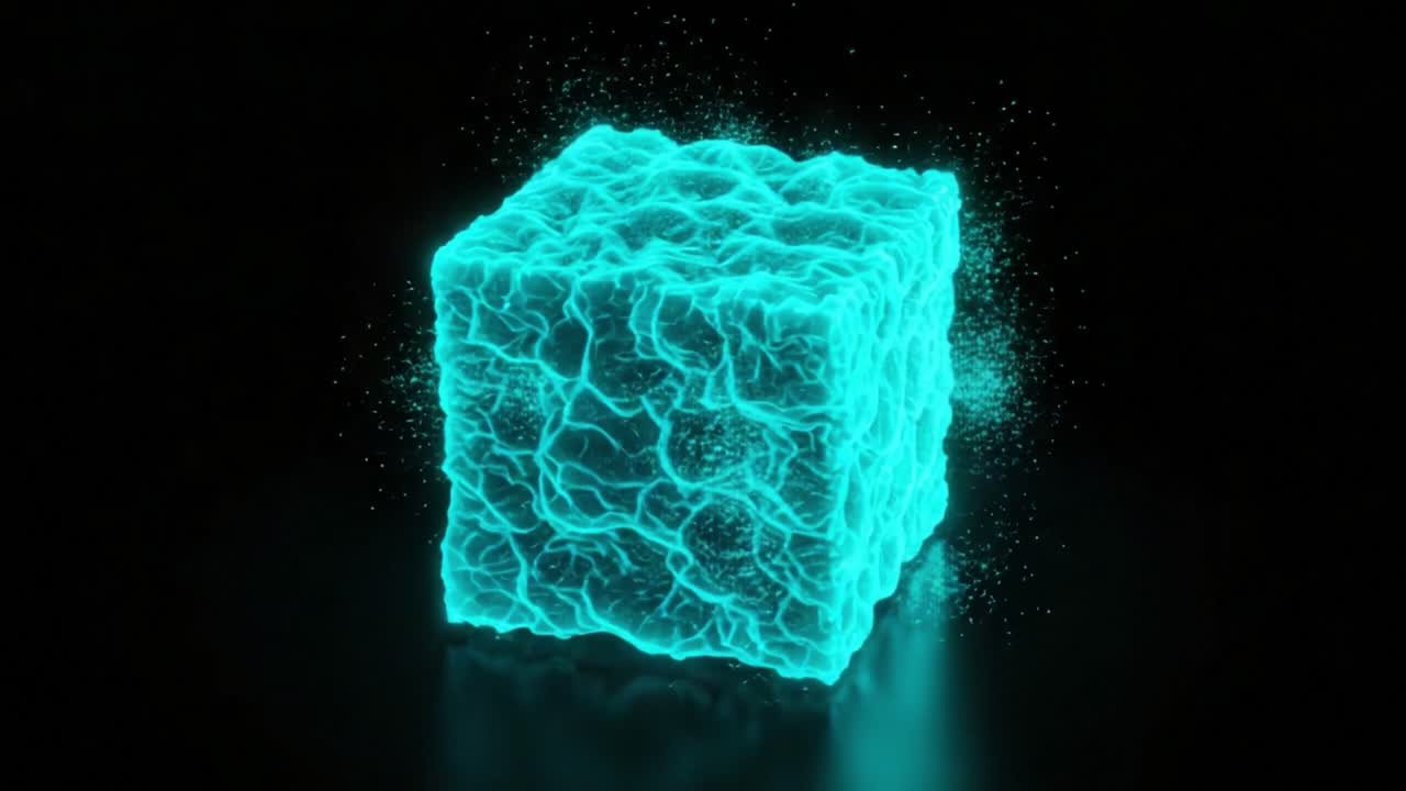 A Stunning Close-Up of a Glowing Neon Cube with Intricate Textures and Sparkling Particles in a Dark Background, Capturing the Essence of Digital Artistry and Technology