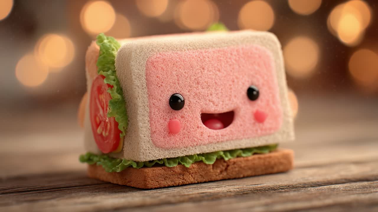 Un Allegro Personaggio Panino Cartone Animato con un Sorriso, Presentato in Modo Fantasioso e Giocoso, Perfetto per Concept Alimentari Divertenti e Design a Misura di Bambino