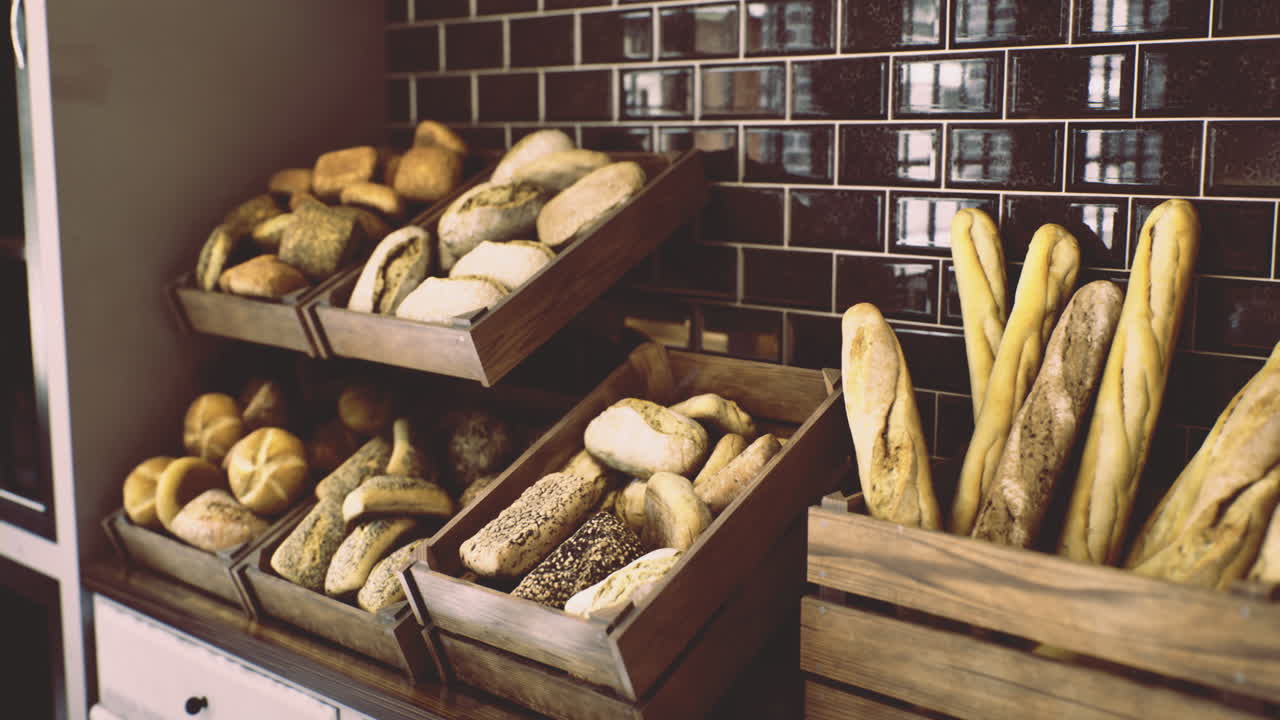 Freshly baked bread displayed in wooden baskets at a bakery