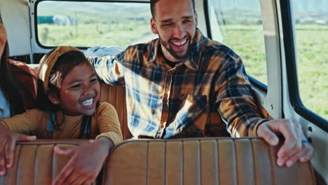 travel, parents and girl in car for road trip