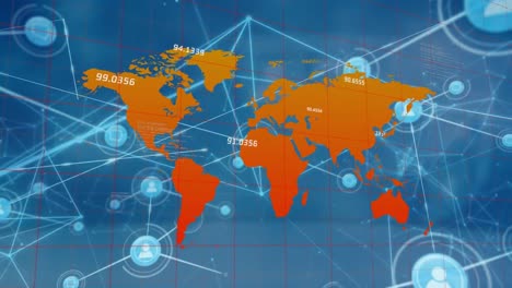 Animation-of-network-of-connections-over-numbers-changing-and-world-map