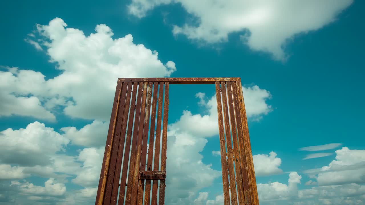 Tilting camera capturing rusted gate bars and latch against turquoise sky, revealing cumulus clouds