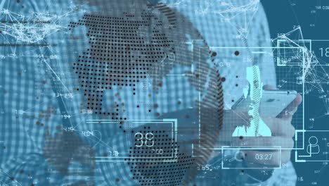 animation of globe and data processing over caucasian businessman using smartphone