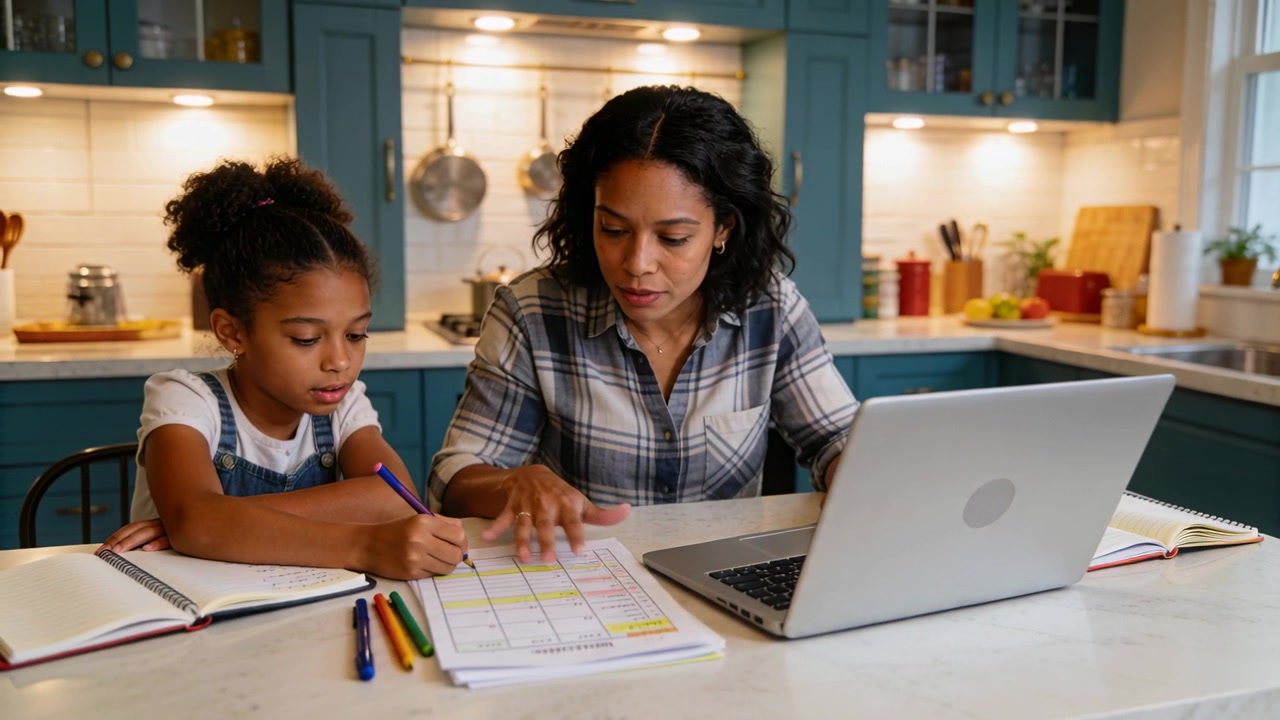 Shifting attention from silver laptop, woman in plaid guiding girl in overalls on homework grid