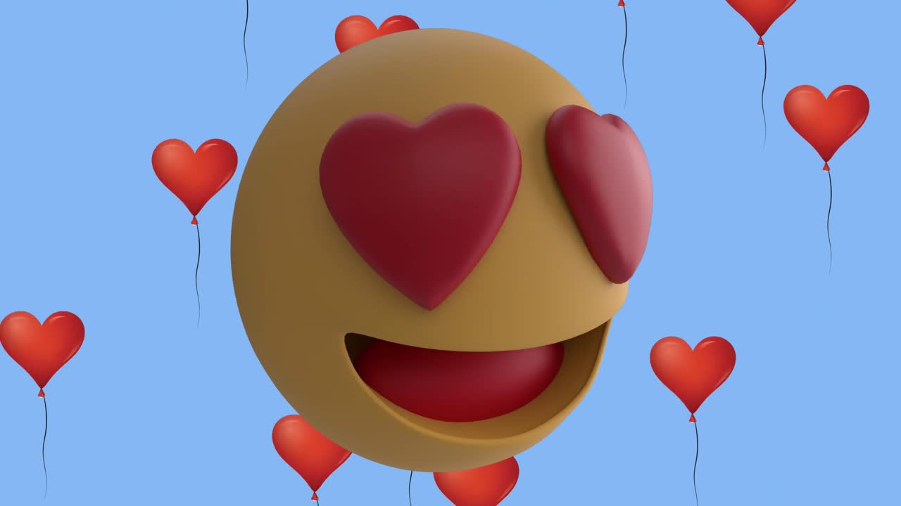 animación del icono de emoji sonriente con corazones rojos con iconos de globos de corazón rojo sobre fondo azul