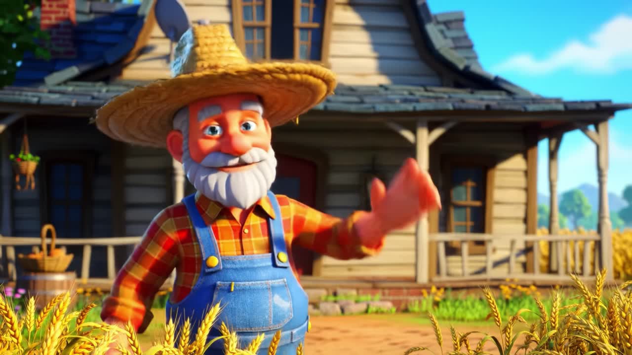 A Cheerful Farmer Welcomes Visitors with a Warm Wave in Front of His Cozy Countryside Home Surrounded by Lush Fields of Golden Wheat