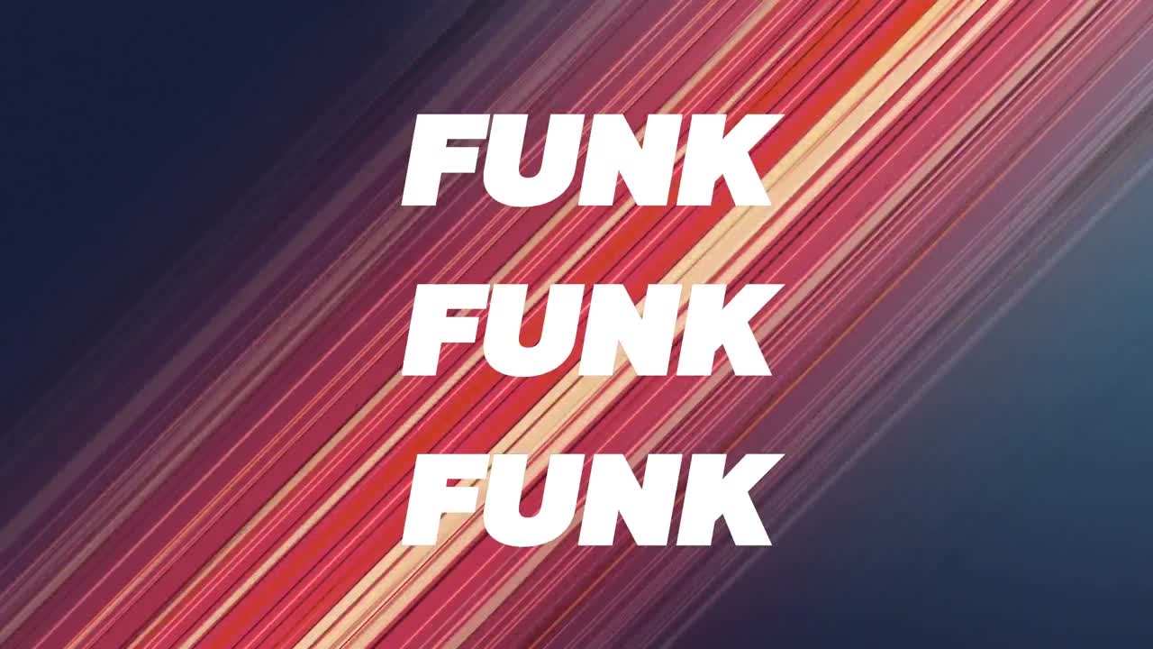 animación de funk en texto blanco y multicolor sobre luces diagonales rojas rayadas