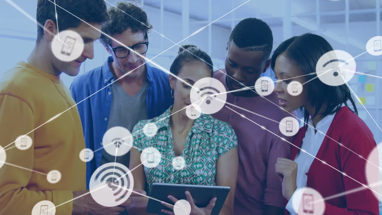 In school, group collaborating on tablet with animation of digital network icons