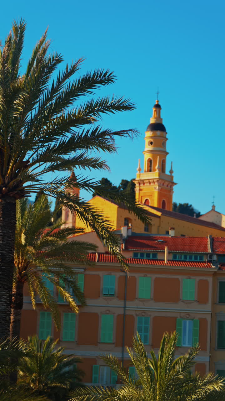 Distant view of the St Michel Basilica surrounded by colourful buildings and palm trees. Vertical, Menton, France