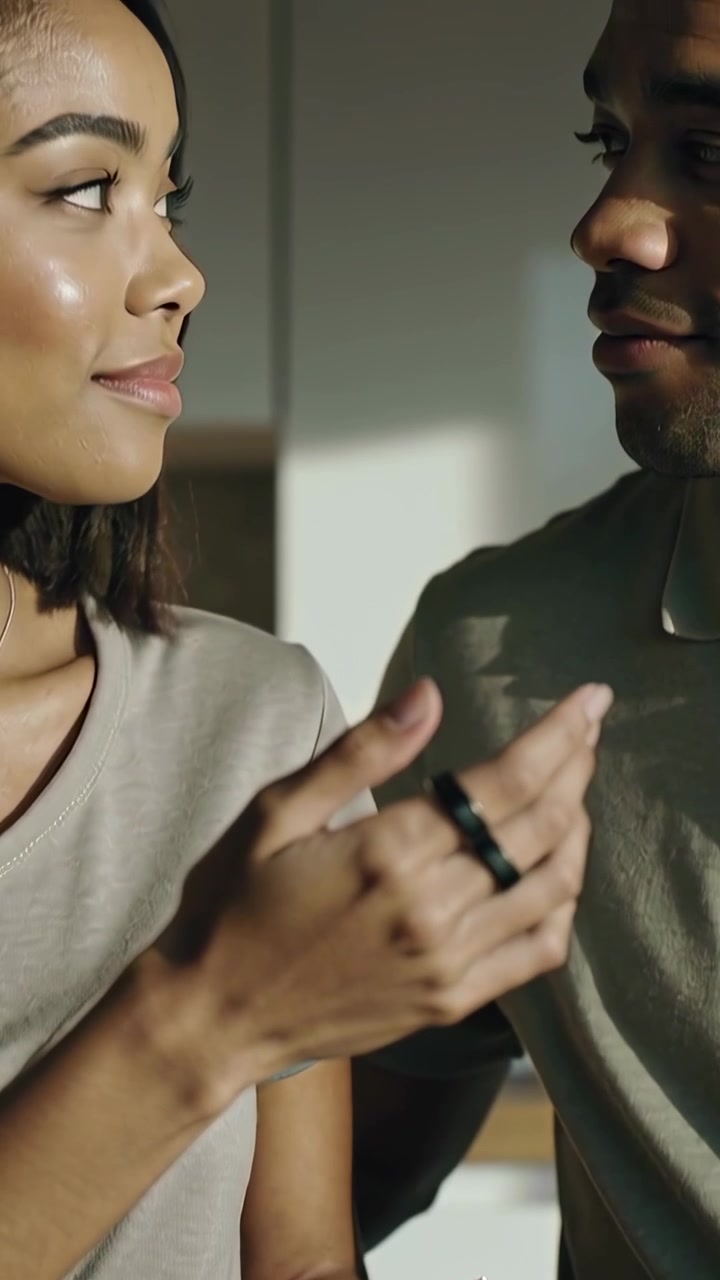 Vertical video: Turning black ring, woman lifting hand at table, man watching with watch for bond