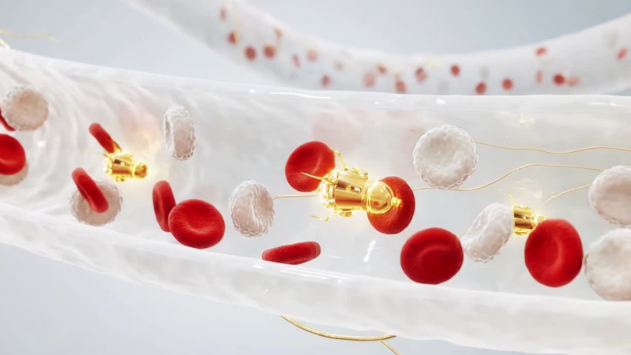 Nanobots and Blood Cells Flowing Through a Blood Vessel