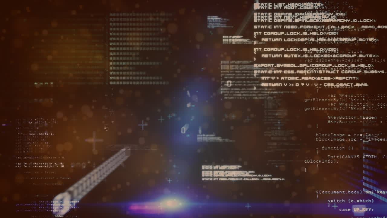 Animation of data processing and blue spots of light against black background