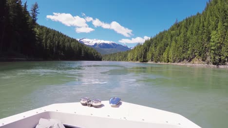 boat moving in a calm river with trees on both side 4k