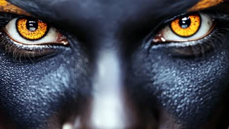 a close up of a woman's face with black and yellow eyes