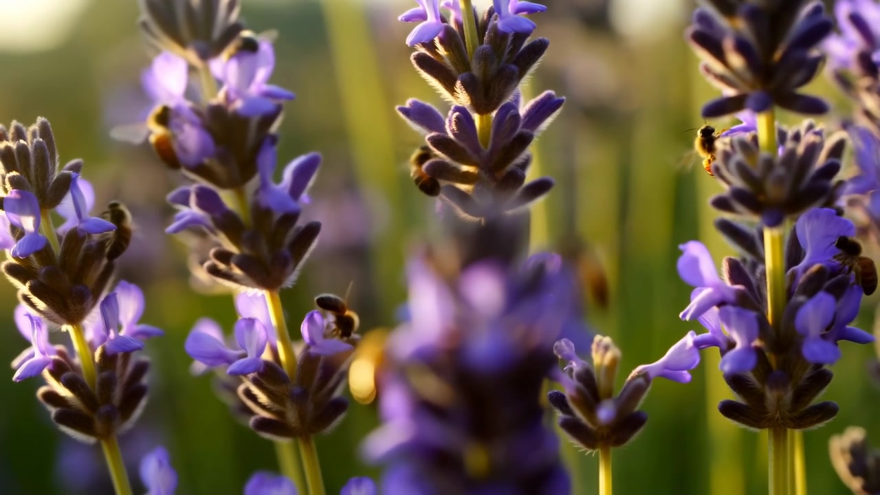 Primo piano panoramico ravvicinato che mostra spighe di lavanda erette affollate di brattee viola e diverse api che foraggiano attivamente sui fiori