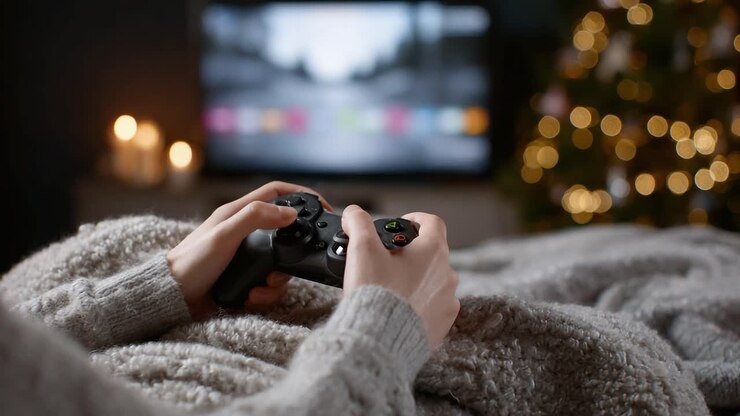 Cozy Gaming Experience: A Relaxing Evening with a Game Controller in Hand, Surrounded by Soft Blankets and Warm Ambiance of Christmas Lights
