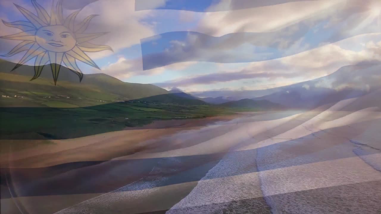 animación de la bandera de uruguay ondeando sobre el paisaje de la playa