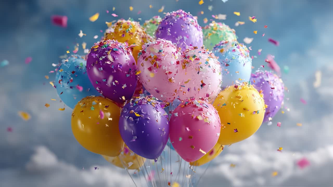 A Colorful Celebration of Joy with a Bunch of Festive Balloons Adorned with Confetti Against a Backdrop of a Blissful Sky, Ideal for Birthdays and Special Occasions