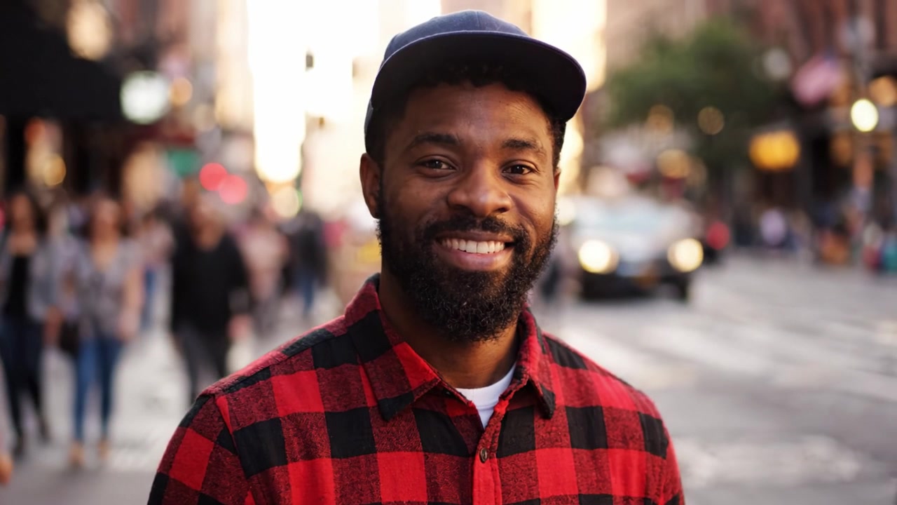A Smiling Man in a Red Plaid Shirt and Cap, Radiating Positivity Amidst a Busy Urban Street Scene with People and Bicycles in Motion