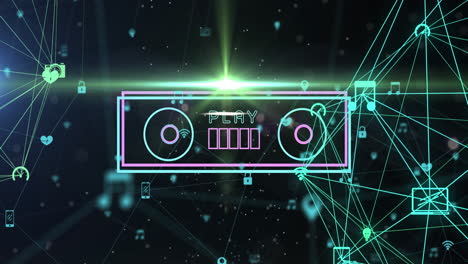 animación digital de cinta de vhs de neón contra un globo de iconos digitales que giran contra un fondo negro