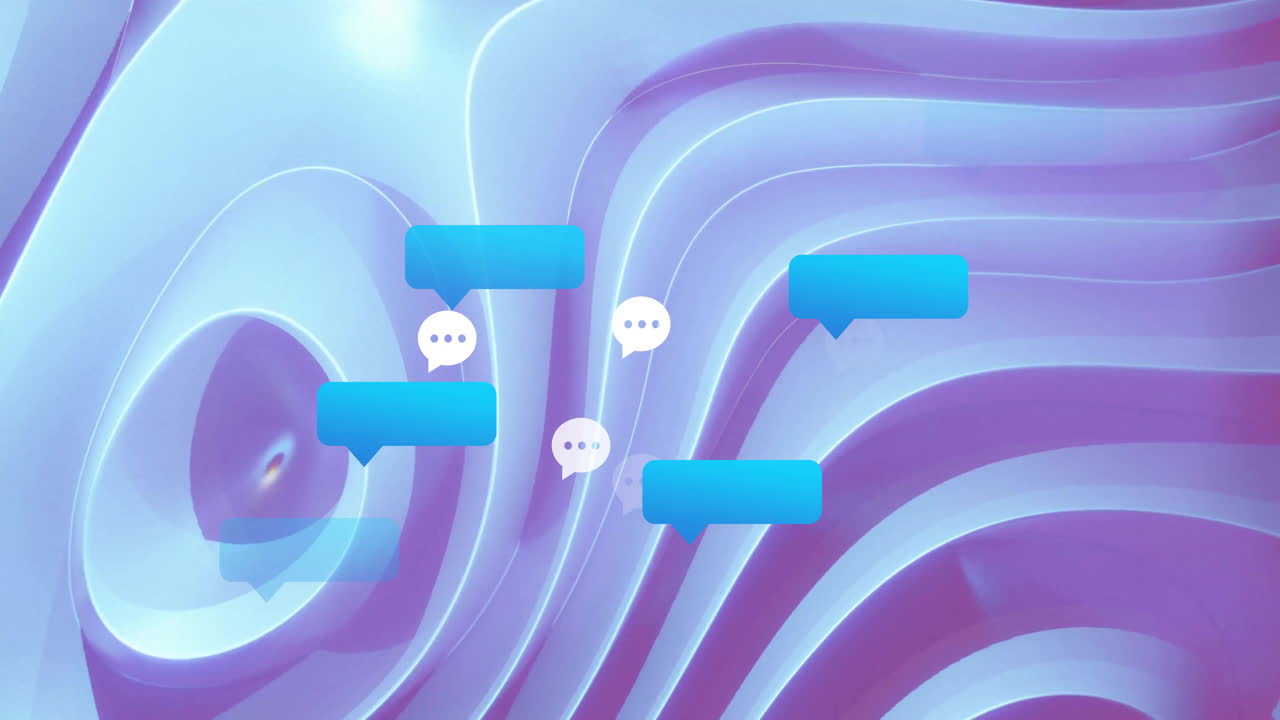 Floating chat bubbles forming cluster within abstract 3D render, complementing fluid wave backdrop