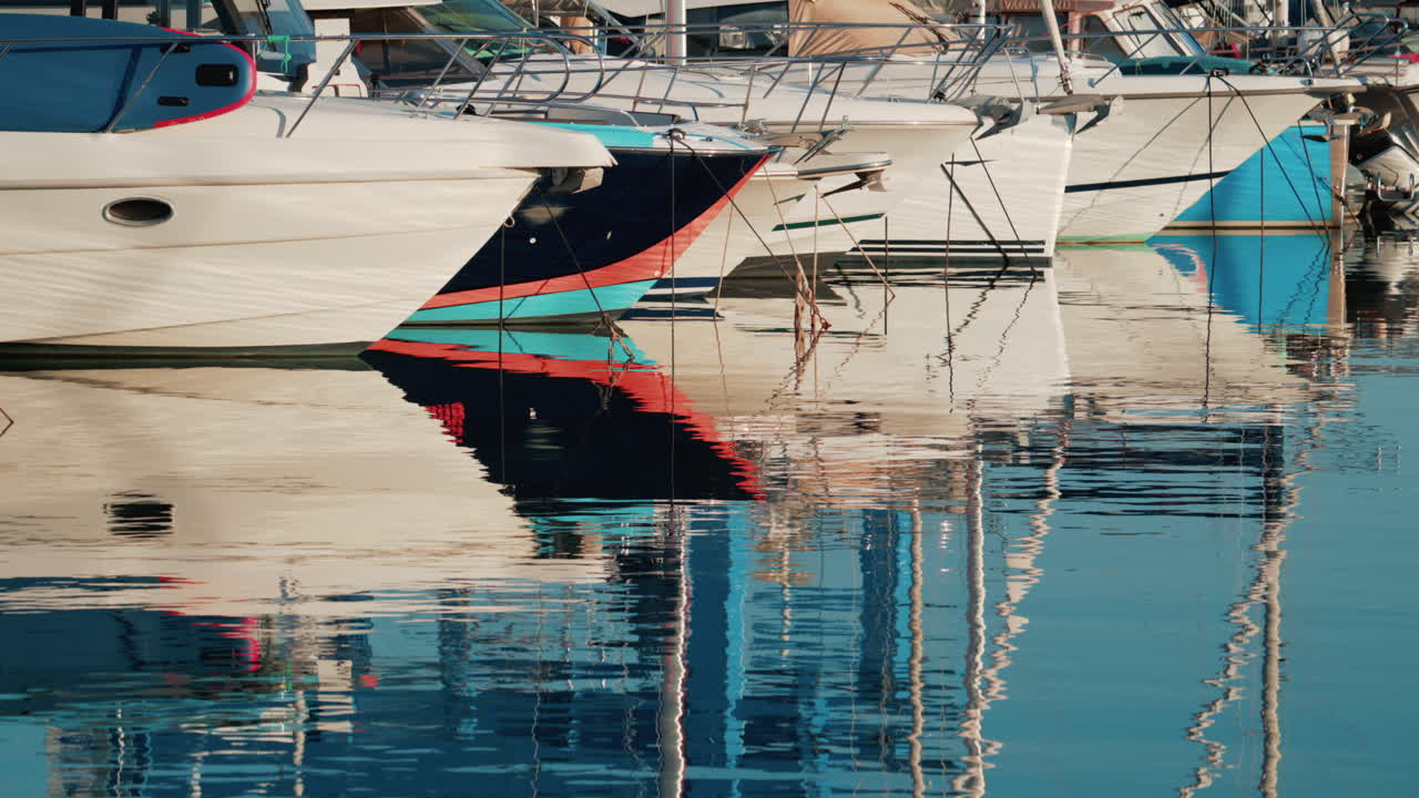 Close up of several yachts moored in a marina, with vivid reflections of their hulls on calm water