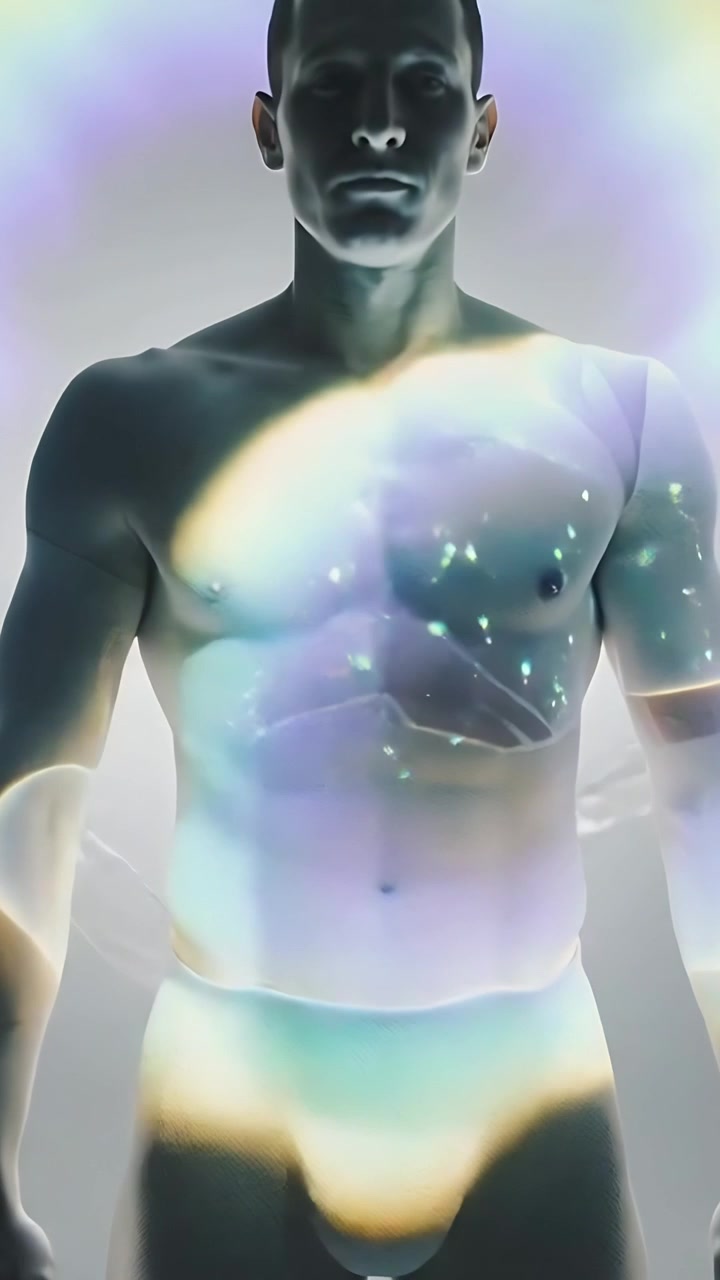 Video verticale: Uomo in posa che si muove leggermente sul palco, con la telecamera in movimento, creando un alone luminoso a forma di nastro sui suoi slip