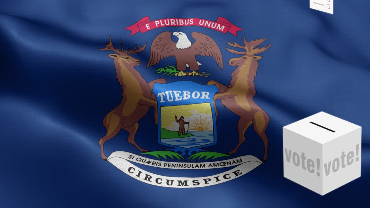 State of Michigan - Ballots fly to box for Michigan selection - Ballot box in front of flag - Election - Vote - National flag Michigan State wave Pattern loopable Elements - Fabric texture and endless loop - Michigan State Loopable Flag