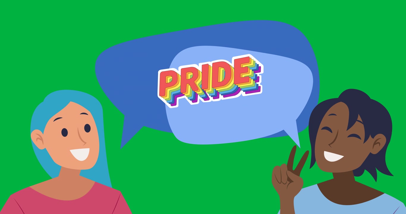 Animation of female couple and speech bubble with pride text on transparent background