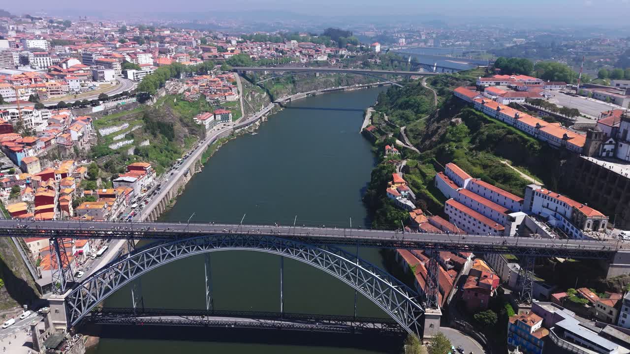 Dive down towards Luís I Bridge and Douro River in Porto, Portugal
