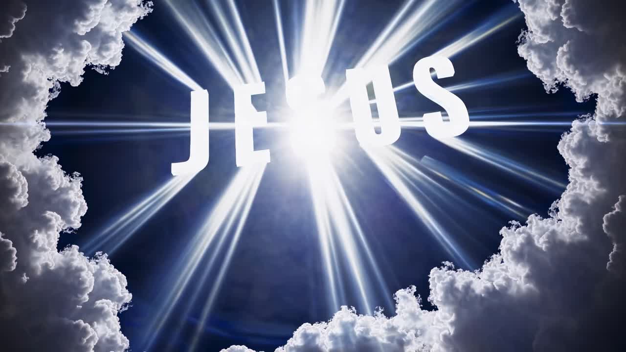 Dramatic video still of 'JESUS' in bold white letters, radiating light, surrounded by clouds, viewed