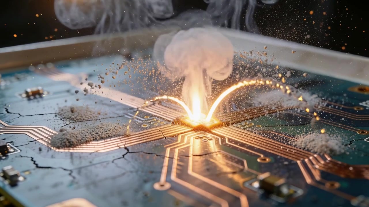 Sparking PCB junction along copper traces at bench, ejecting molten metal, smoke and debris