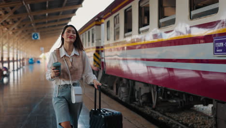 woman waiting at train station with coffee and luggage
