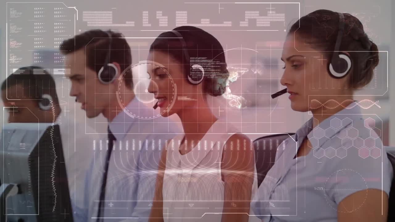 animación de la interfaz digital sobre personas de negocios que usan auriculares telefónicos
