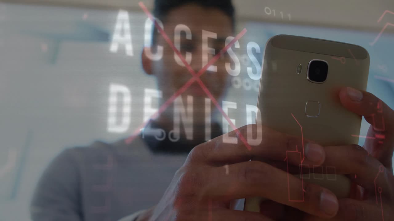 Man holding gold phone using face ID tech, seeing holographic UI flashing ACCESS DENIED with binary