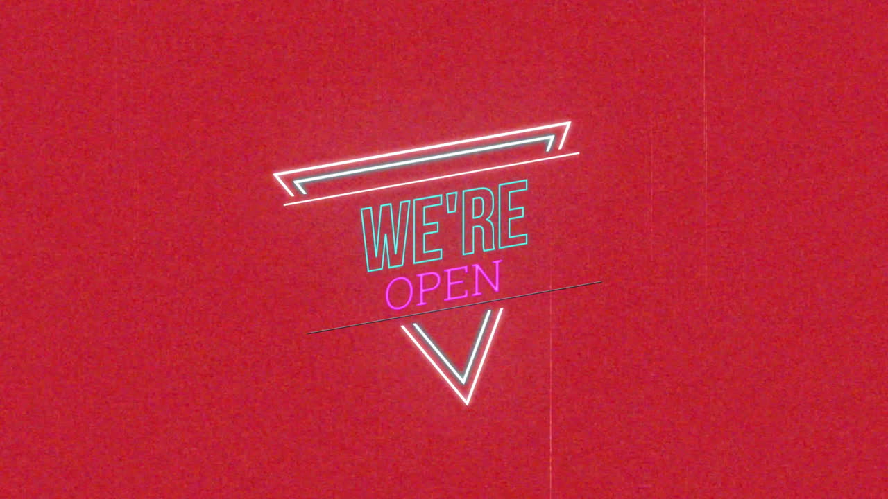 Animation of neon we're open text over moving spots on red background