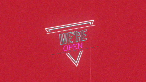 animation of neon we're open text over moving spots on red background