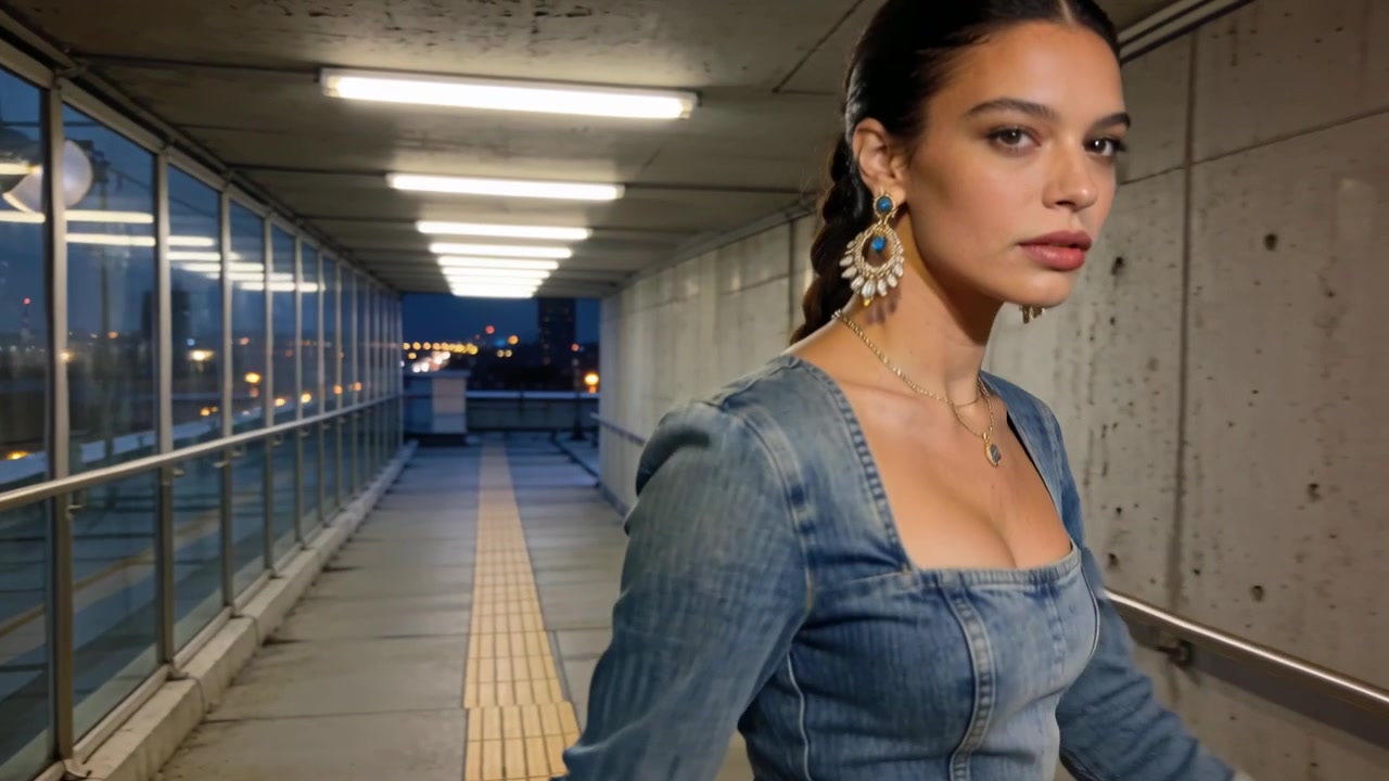 Telecamera che segue una modella che cammina su una passerella al tramonto, in posa, con un vestito di jeans, su un percorso tattile.