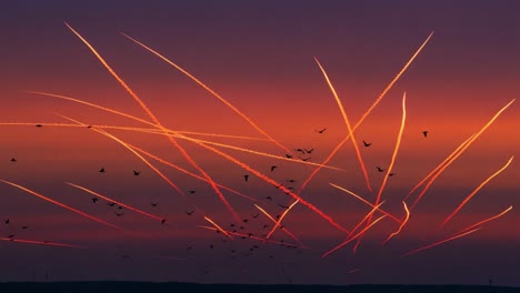 a mesmerizing display of nature and technology: contrails cutting through a gorgeous sunset sky filled with birds in flight