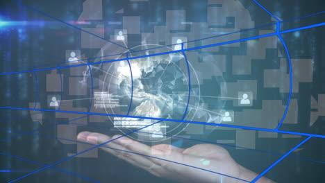 animación de procesamiento de datos y icono de nube sobre globo en la mano