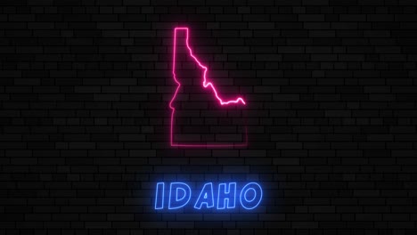 state of idaho map silhouette with neon line on a dark brick wall background