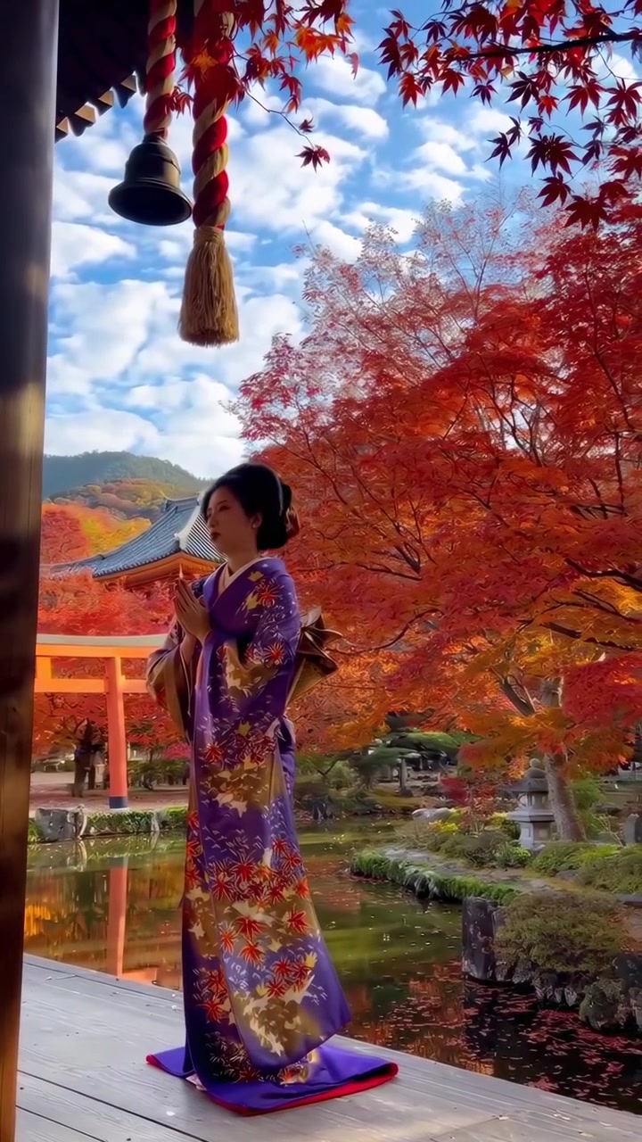 Donna giapponese in kimono che prega in un giardino di tempio autunnale