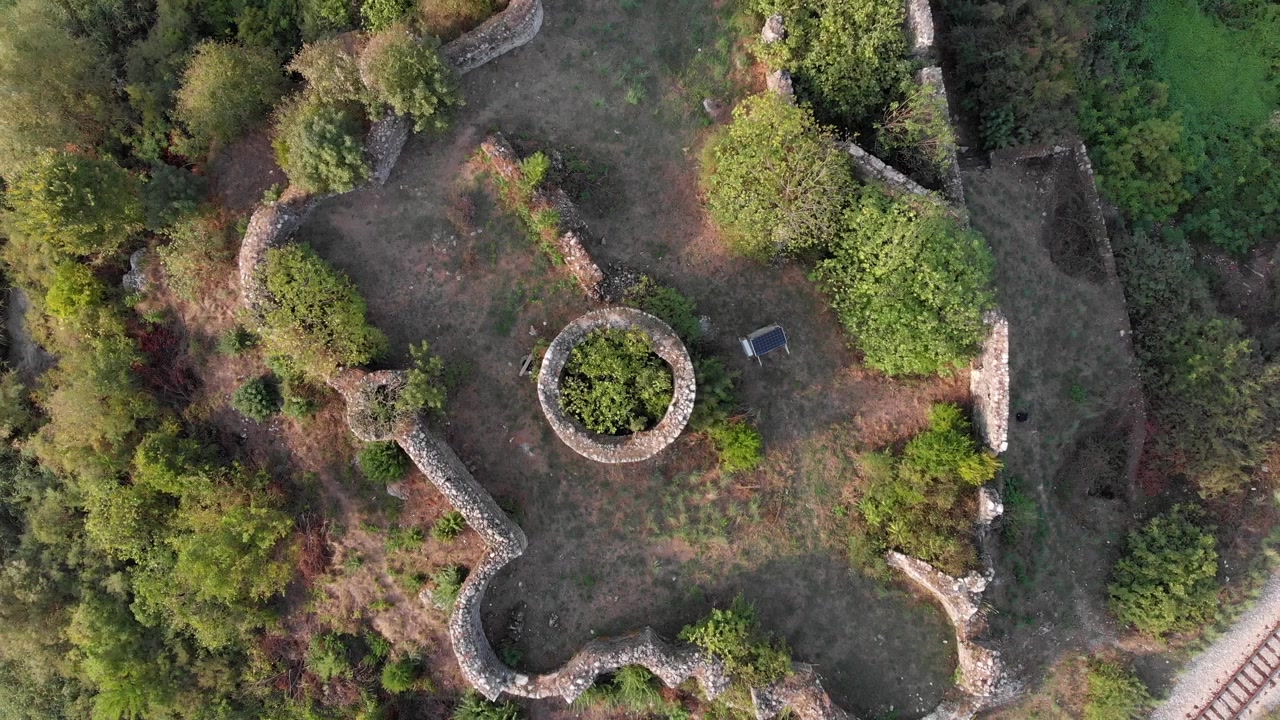 Aerial: Lesendro Fortress in Skadar Lake in Montenegro. Zenital shot