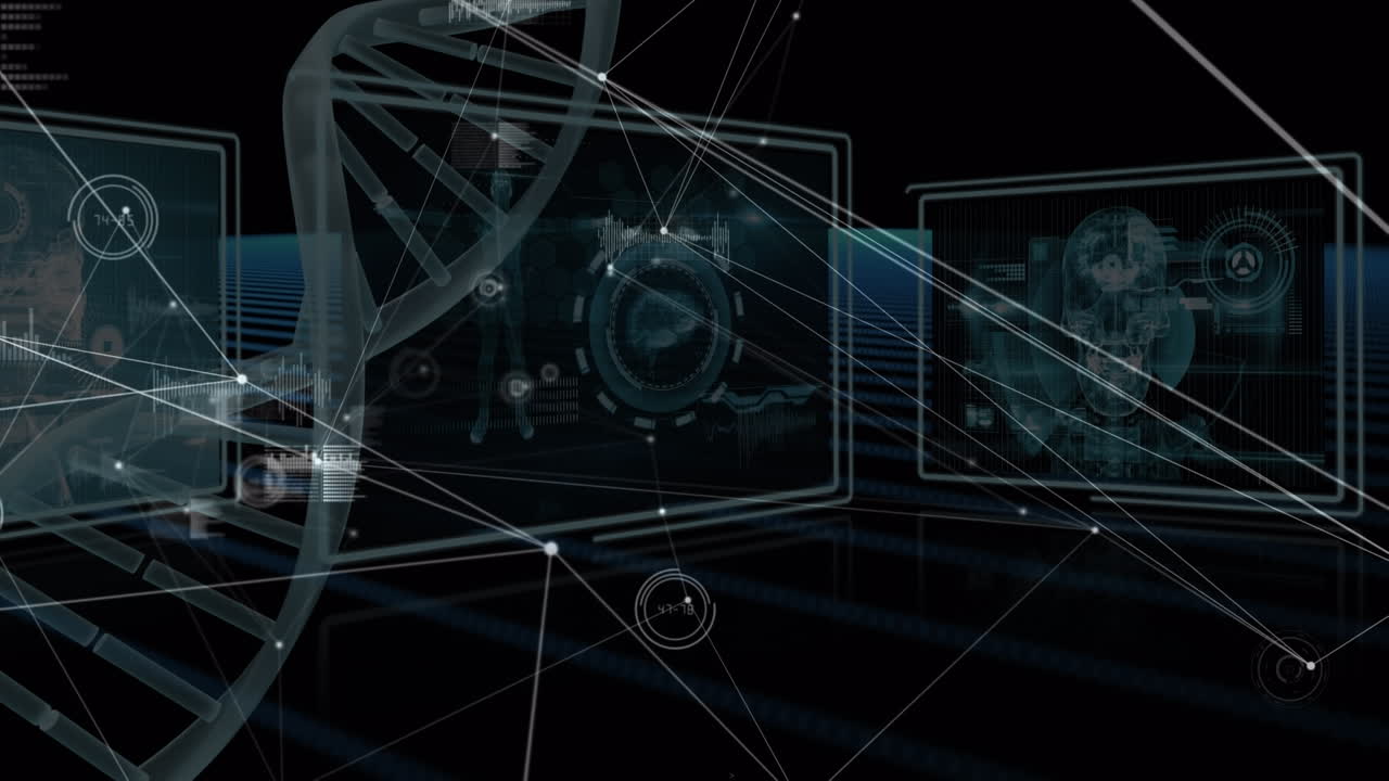 검은색 배경에 있는 dna 줄기 위의 연결 네트워크의 애니메이션과 데이터 처리