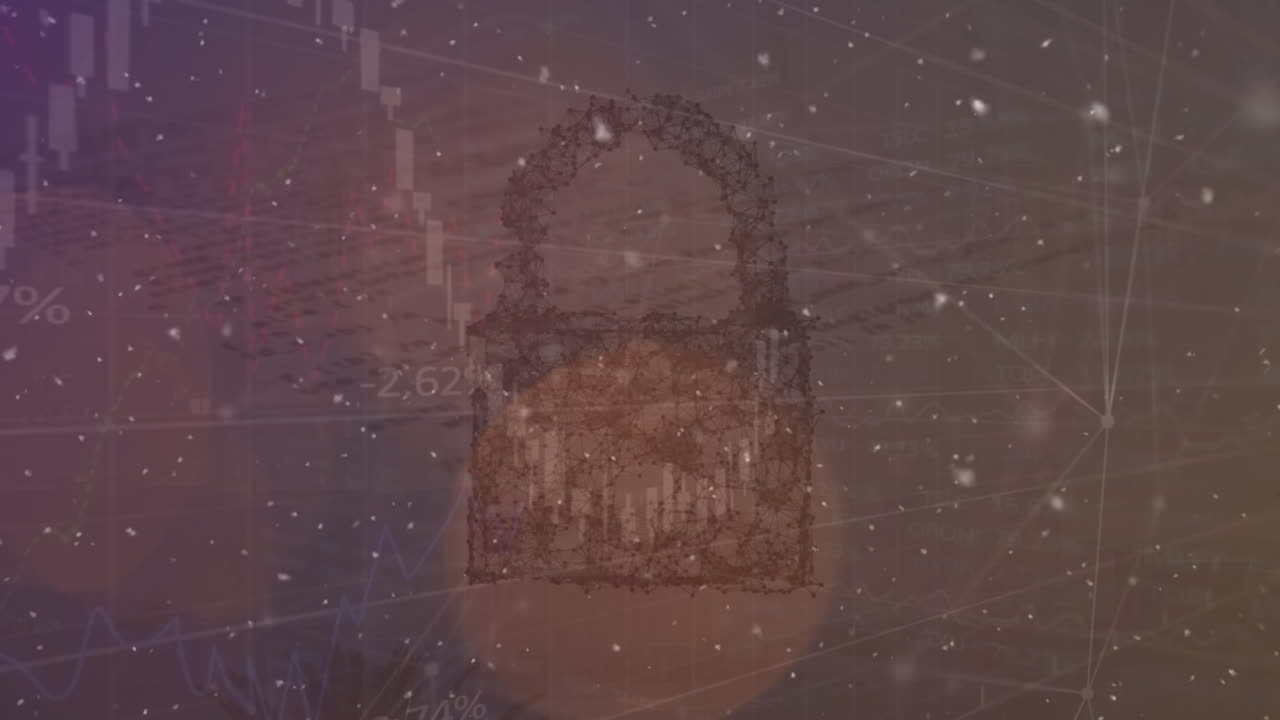 Animation of light, data, graphs and digital padlock on brown background