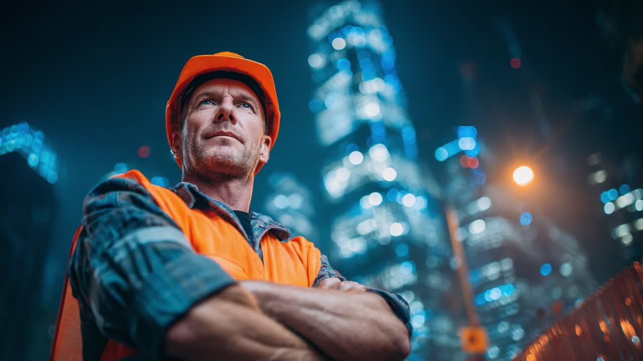 A Determined Construction Worker in a Vibrant Urban Landscape at Night, Showcasing Resilience and Commitment to Safety in a Dynamic City Environment