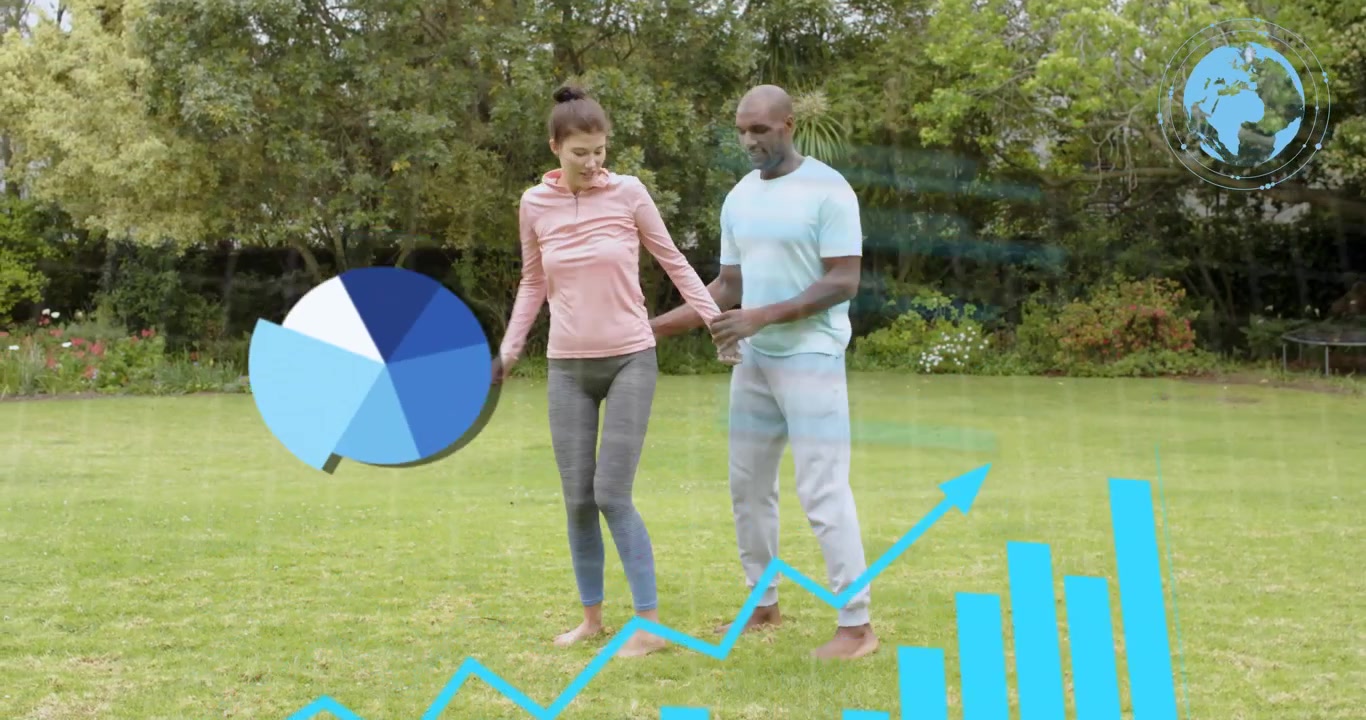 Trener griper klientens armer og veileder tøying mens animerte datadiagrammer sporer treningsfremgang.
